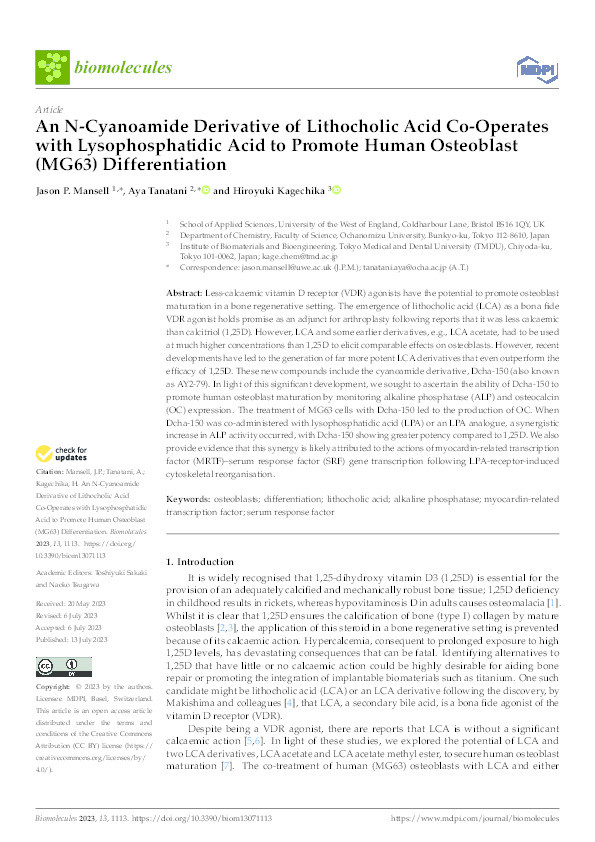 An N-cyanoamide derivative of lithocholic acid co-operates with lysophosphatidic acid to promote human osteoblast (MG63) differentiation Thumbnail