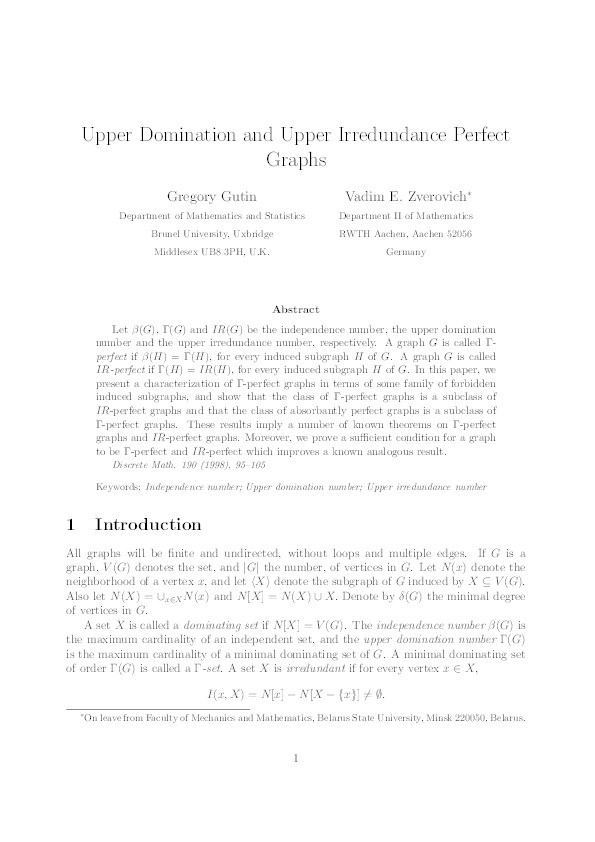 Upper domination and upper irredundance perfect graphs Thumbnail