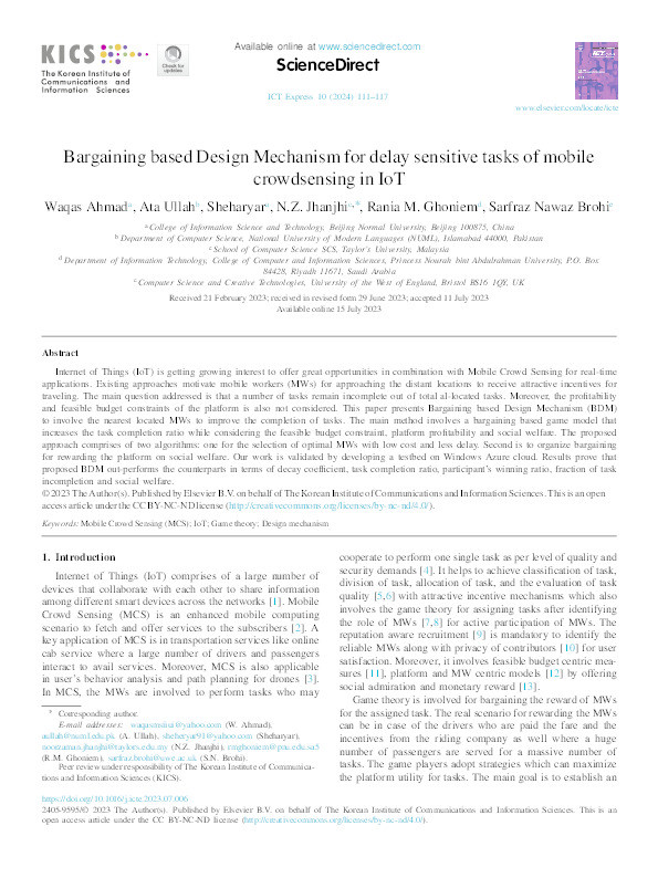 Bargaining based design mechanism for delay sensitive tasks of mobile crowdsensing in IoT Thumbnail