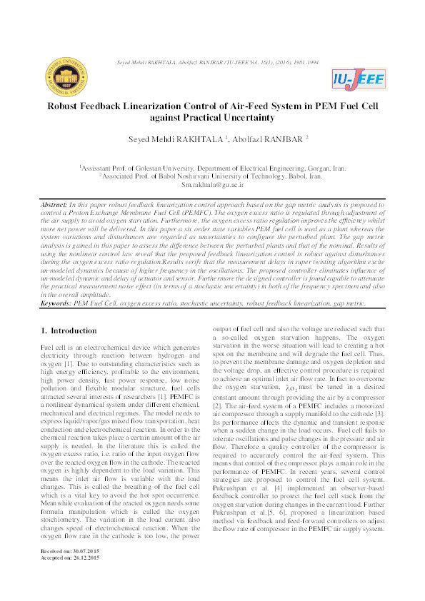 Robust feedback linearization control of air-feed system in PEM fuel cell against practical uncertainty Thumbnail