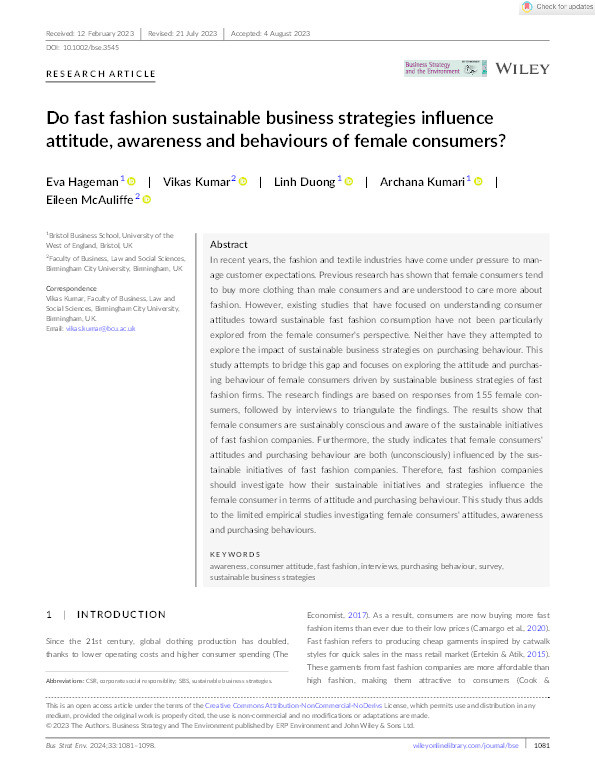 Do fast fashion sustainable business strategies influence attitude, awareness and behaviours of female consumers? Thumbnail