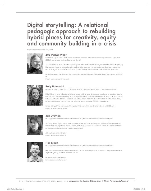 Digital storytelling: A relational pedagogic approach to rebuilding hybrid places for creativity, equity and community building in a crisis Thumbnail
