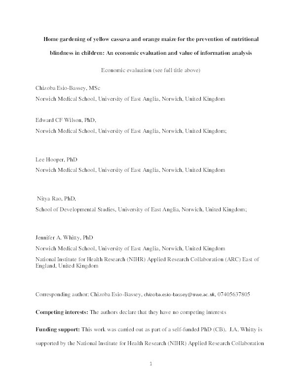 Home gardening of yellow cassava and orange maize for the prevention of nutritional blindness in children: An economic evaluation and value of information analysis Thumbnail