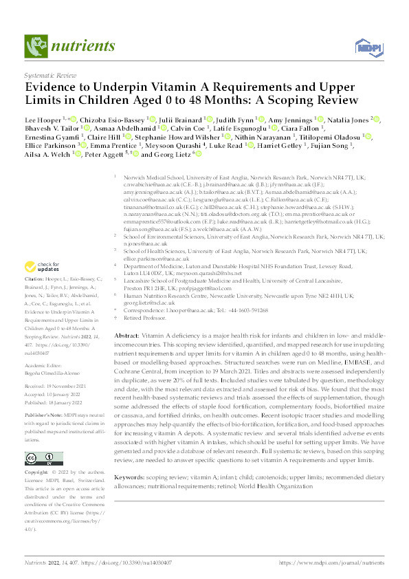Evidence to underpin vitamin A requirements and upper limits in children aged 0 to 48 months: A scoping review Thumbnail
