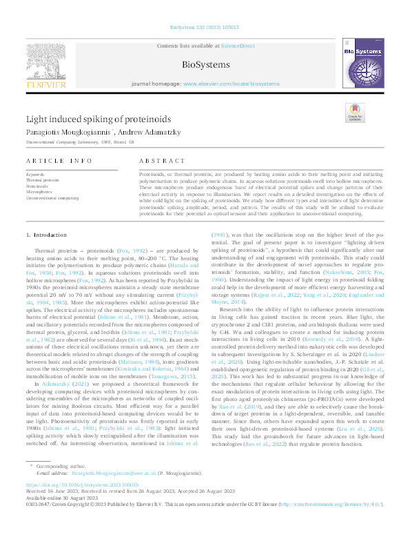 Light induced spiking of proteinoids Thumbnail