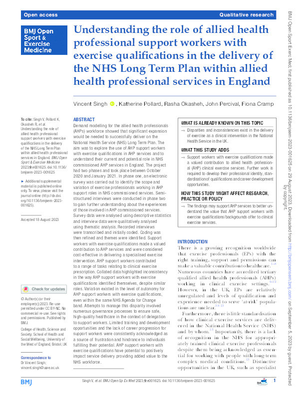 Understanding the role of allied health professional support workers with exercise qualifications in the delivery of the NHS Long Term Plan within allied health professional services in England Thumbnail
