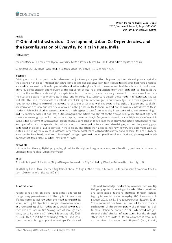 IT-oriented infrastructural development, urban co-dependencies, and the reconfiguration of everyday politics in Pune, India Thumbnail