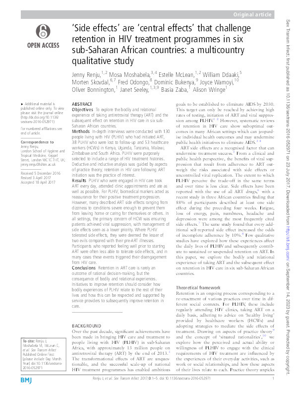 'Side effects' are 'central effects' that challenge retention in HIV treatment programmes in six sub-Saharan African countries: A multicountry qualitative study Thumbnail