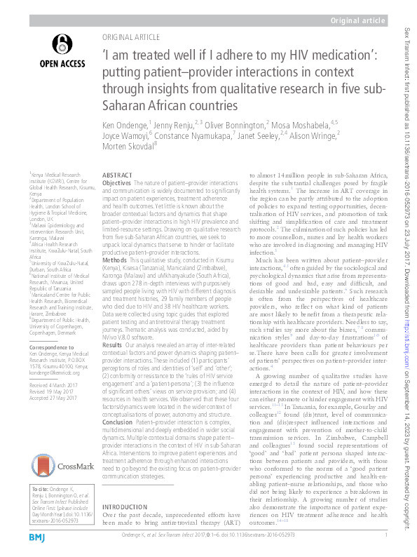 'I am treated well if i adhere to my HIV medication': Putting patient-provider interactions in context through insights from qualitative research in five sub-Saharan African countries Thumbnail