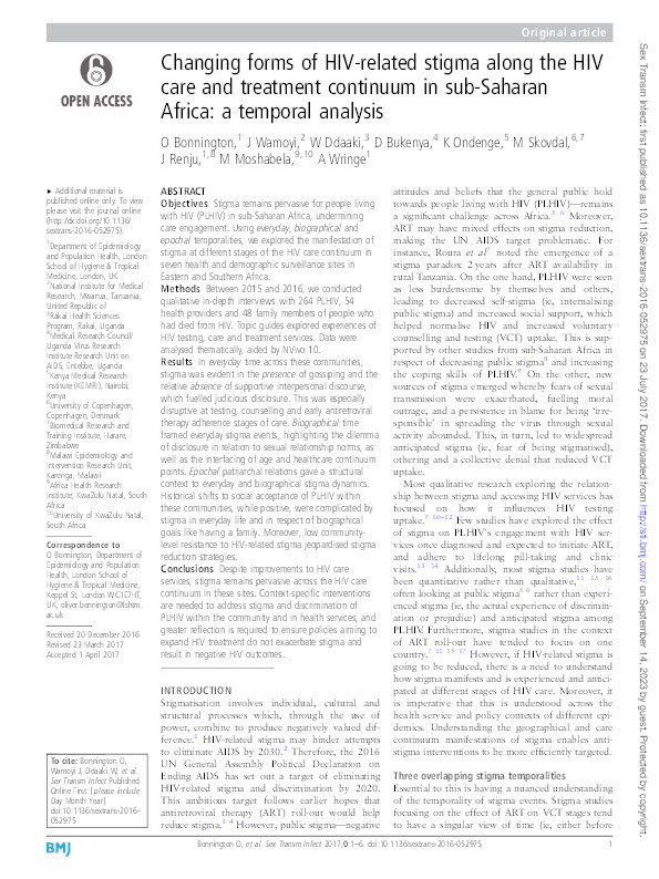 Changing forms of HIV-related stigma along the HIV care and treatment continuum in sub-Saharan Africa: A temporal analysis Thumbnail