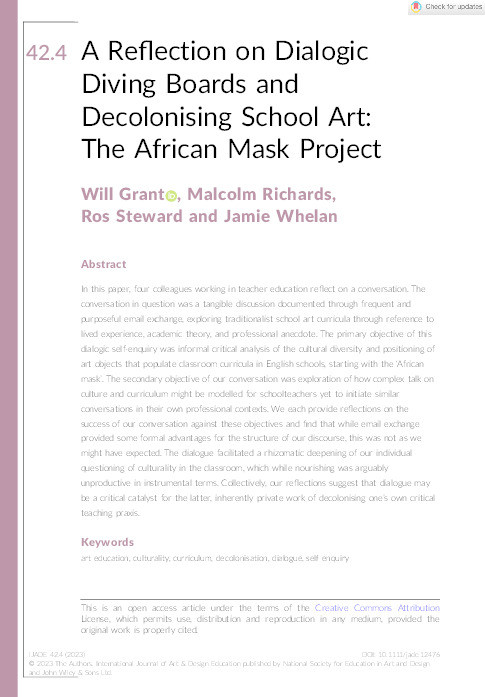 A reflection on dialogic diving boards and decolonising school art: The African mask project Thumbnail