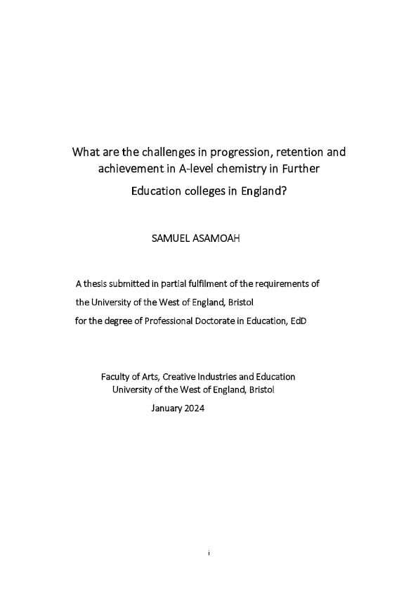 What are the challenges in progression, retention and achievement in A-level chemistry in Further Education colleges in England? Thumbnail