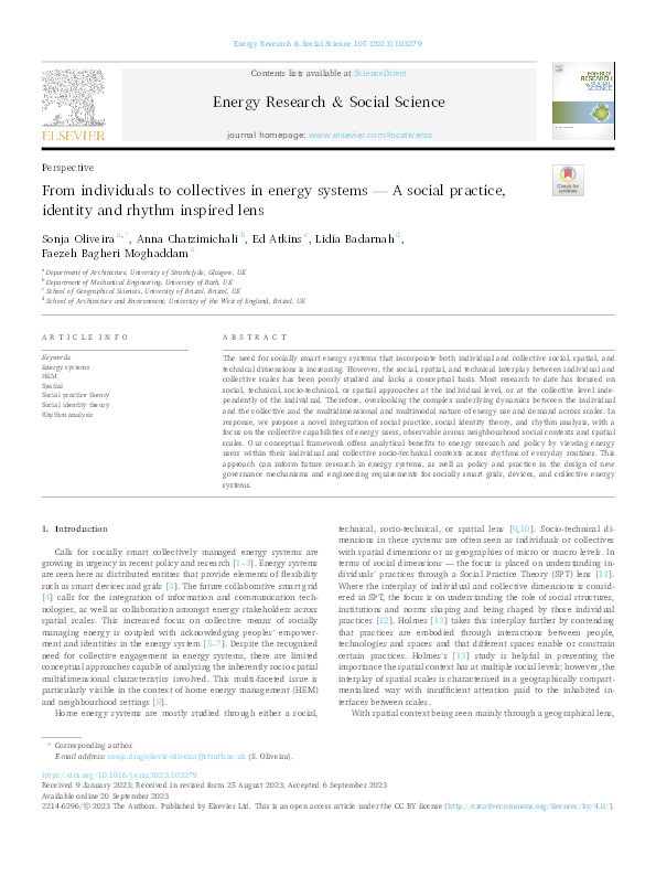 From individuals to collectives in energy systems - A social practice, identity and rhythm inspired lens Thumbnail