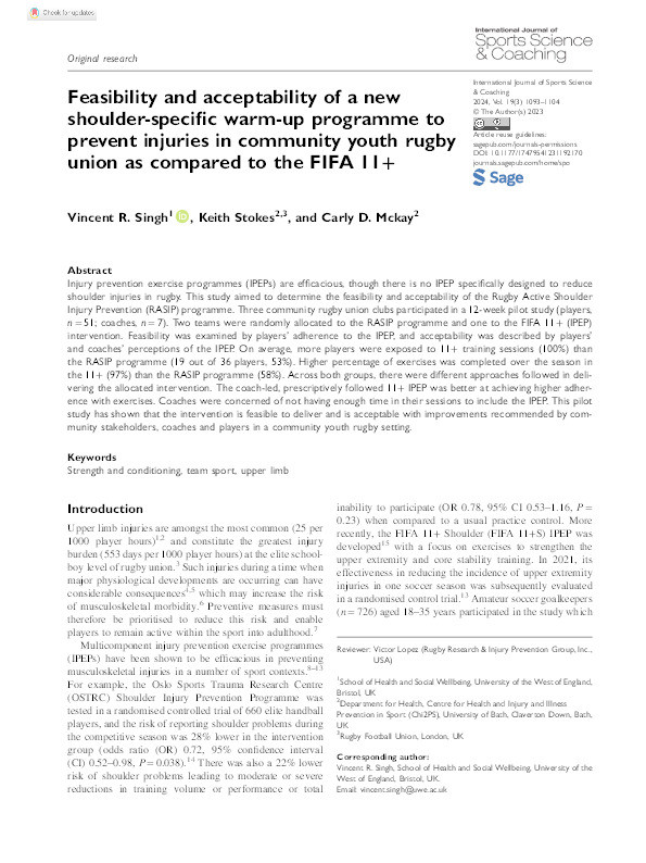 Feasibility and acceptability of a new shoulder-specific warm-up programme to prevent injuries in community youth rugby union as compared to the FIFA 11+ Thumbnail