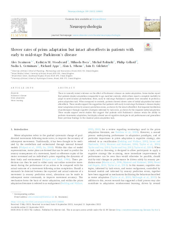 Slower rates of prism adaptation but intact aftereffects in patients with early to mid-stage Parkinson's disease Thumbnail