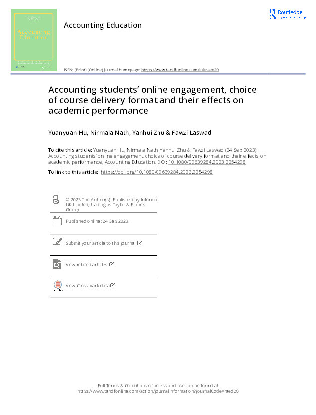 Accounting students’ online engagement, choice of course delivery format and their effects on academic performance Thumbnail