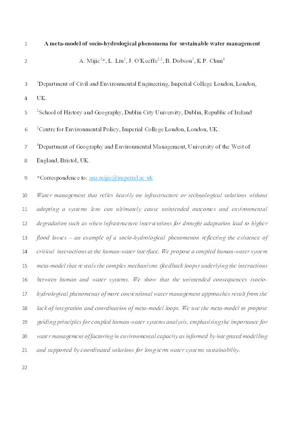 A meta-model of socio-hydrological phenomena for sustainable water management Thumbnail