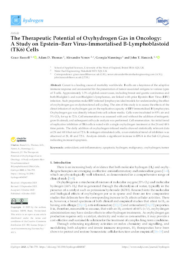 The therapeutic potential of oxyhydrogen gas in oncology: A study on Epstein–Barr Virus-immortalised B-lymphoblastoid (TK6) cells Thumbnail