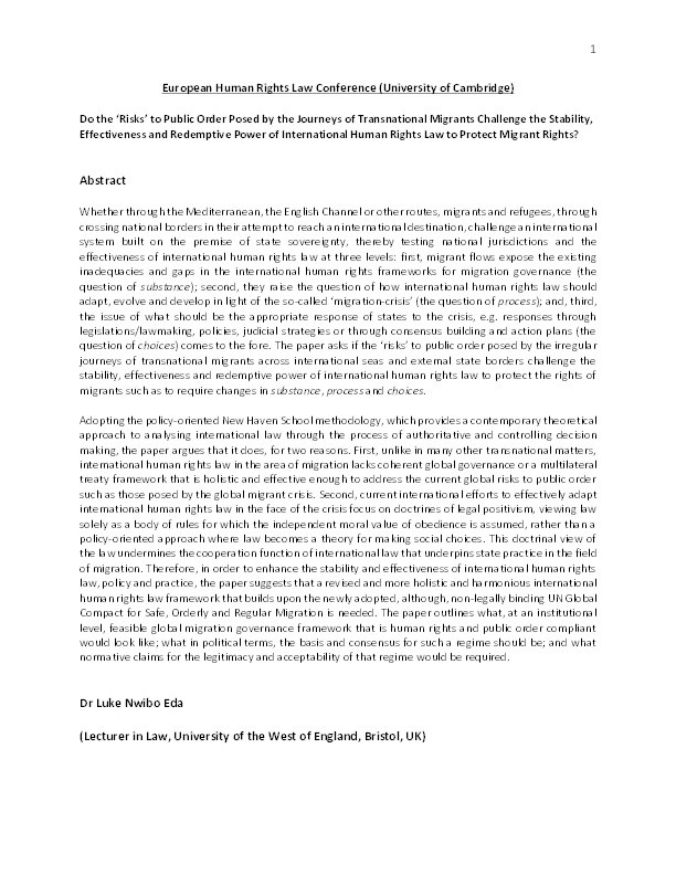 Do the ‘risks’ to public order posed by the journeys of transnational migrants challenge the stability, effectiveness and redemptive power of international human rights law to protect migrant rights? Thumbnail