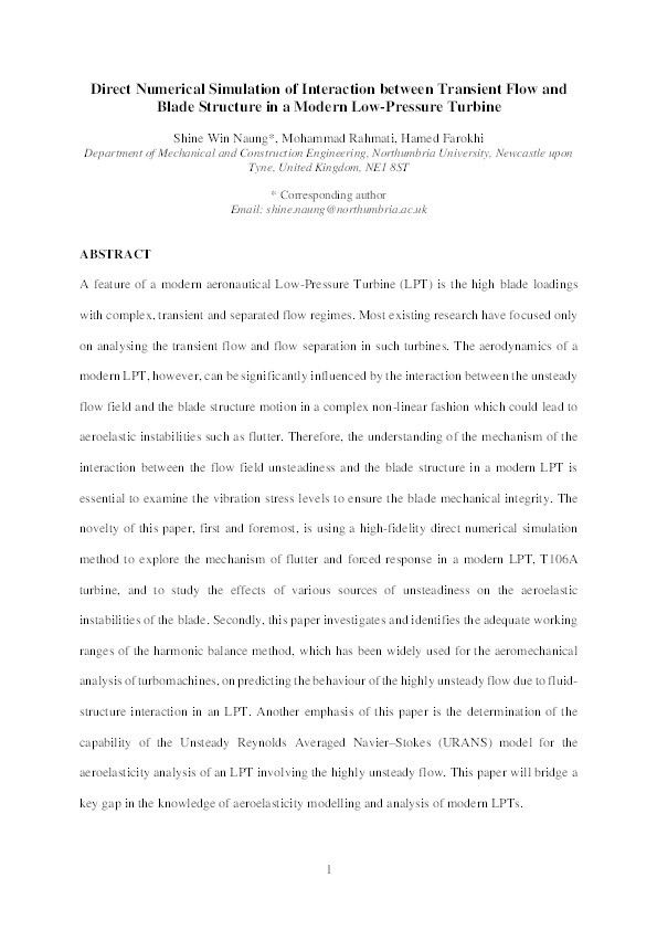 Direct numerical simulation of interaction between transient flow and blade structure in a modern low-pressure turbine Thumbnail