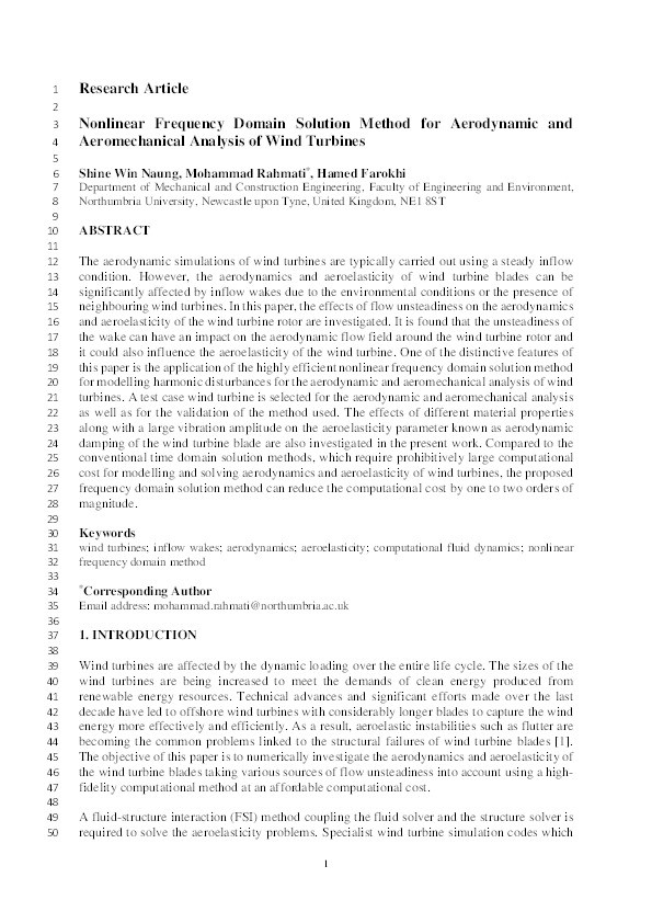 Nonlinear frequency domain solution method for aerodynamic and aeromechanical analysis of wind turbines Thumbnail