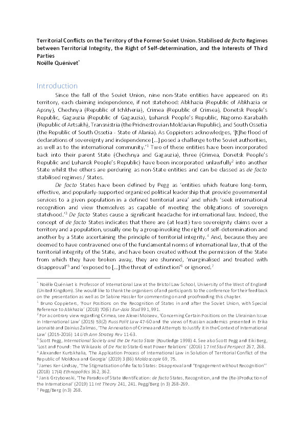 Territorial conflicts on the territory of the former Soviet Union - Stabilised de facto regimes between territorial integrity, the right of self-determination, and the interests of third parties Thumbnail