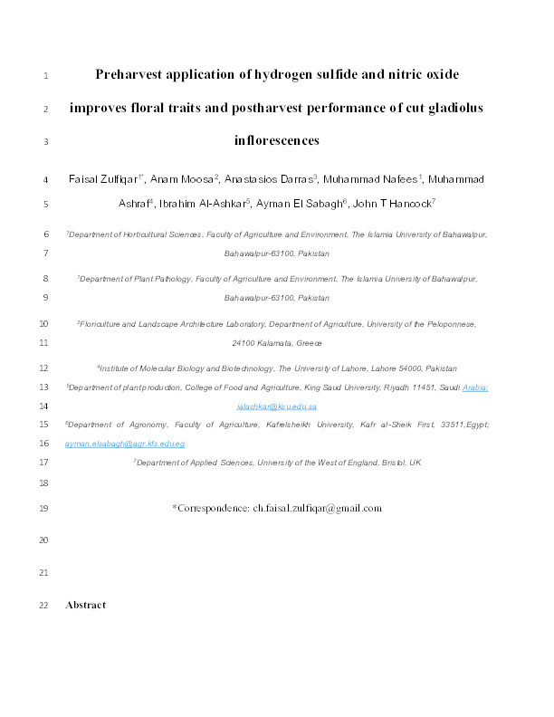 Preharvest application of hydrogen sulfide and nitric oxide improves floral traits and postharvest performance of cut gladiolus inflorescences Thumbnail