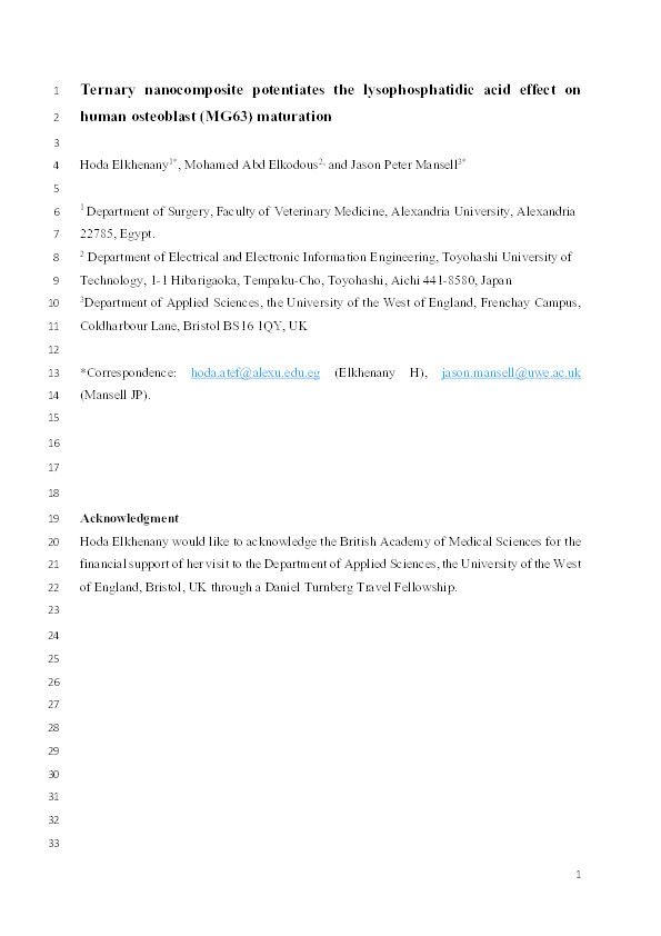 Ternary nanocomposite potentiates the lysophosphatidic acid effect on human osteoblast (MG63) maturation Thumbnail