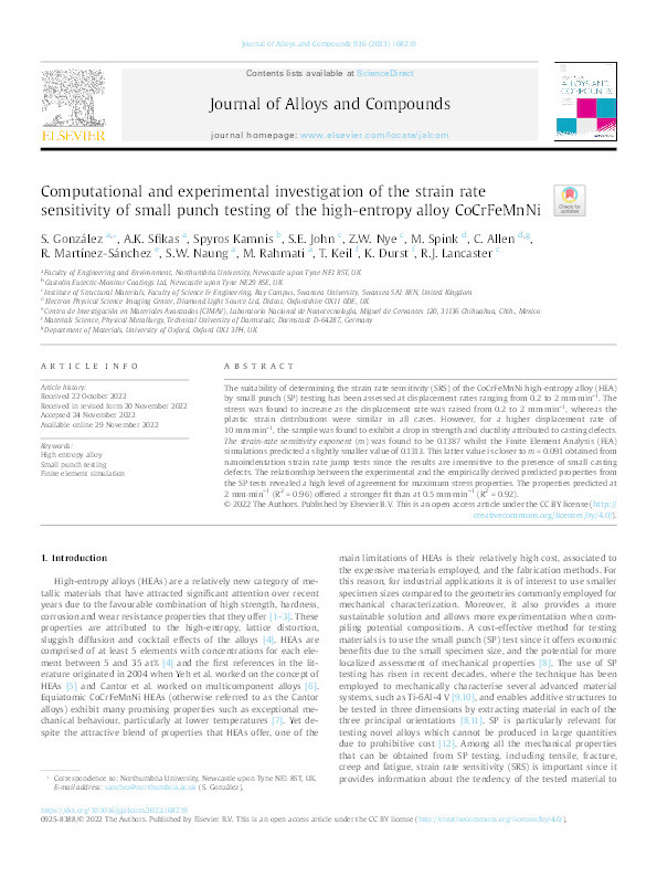 Computational and experimental investigation of the strain rate sensitivity of small punch testing of the high-entropy alloy CoCrFeMnNi Thumbnail