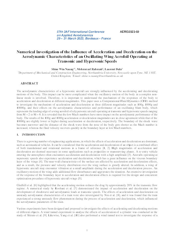 Numerical investigation of the influence of acceleration and deceleration on the aerodynamic characteristics of an oscillating wing aerofoil operating at transonic and hypersonic speeds Thumbnail