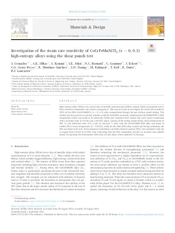 Investigation of the strain rate sensitivity of CoCrFeMnNiTix(x = 0, 0.3) high-entropy alloys using the shear punch test Thumbnail