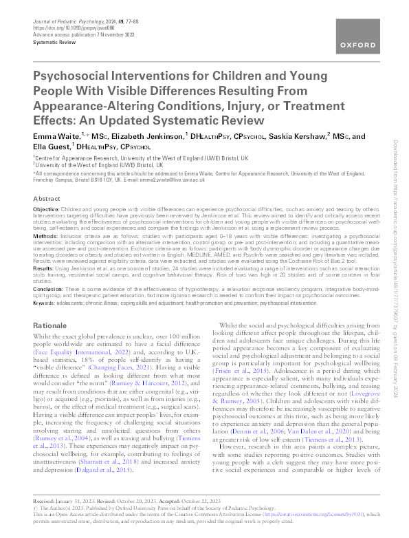 Psychosocial interventions for children and young people with visible differences resulting from appearance altering conditions, injury, or treatment effects: An updated systematic review Thumbnail