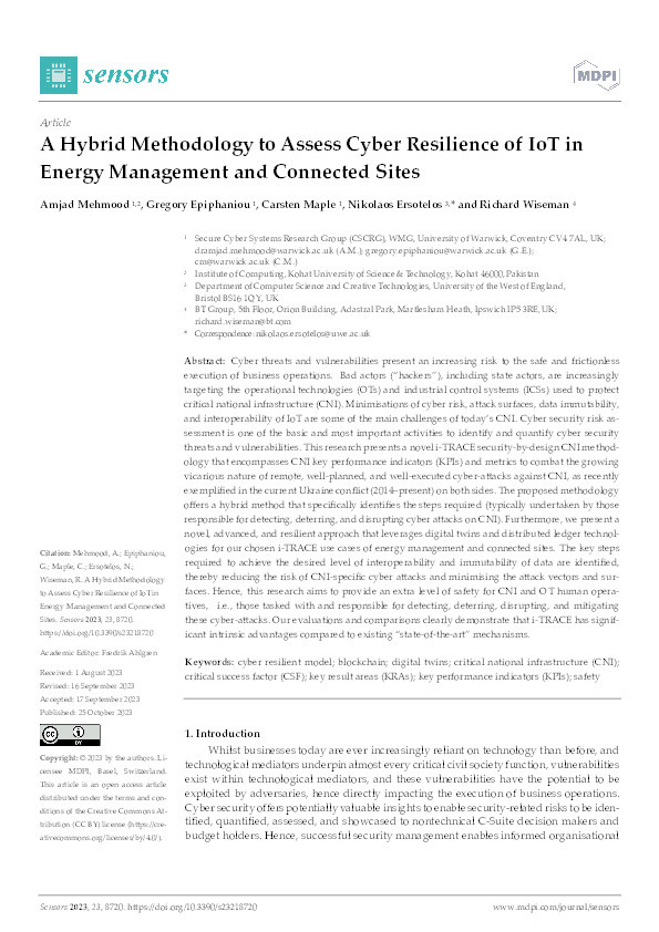 A hybrid methodology to assess cyber resilience of IoT in energy management and connected sites Thumbnail