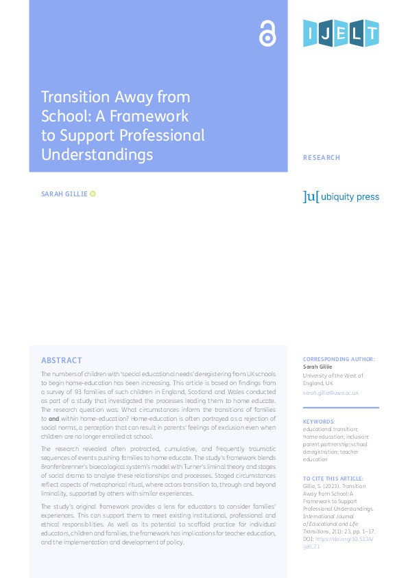 Transition away from school: A framework to support professional understandings Thumbnail