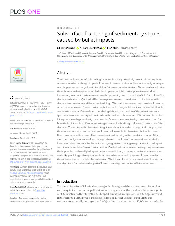 Subsurface fracturing of sedimentary stones caused by bullet impacts Thumbnail