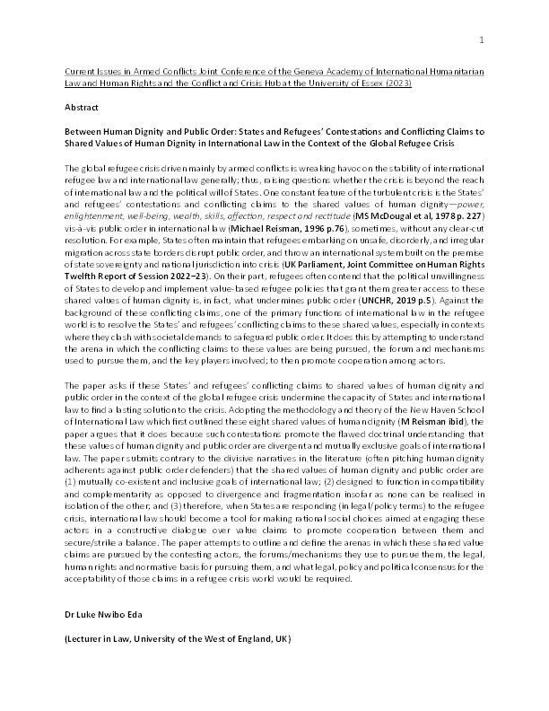 Between human dignity and public order: States and refugees’ contestations and conflicting claims to shared values of human dignity in international law in the context of the global refugee crisis Thumbnail