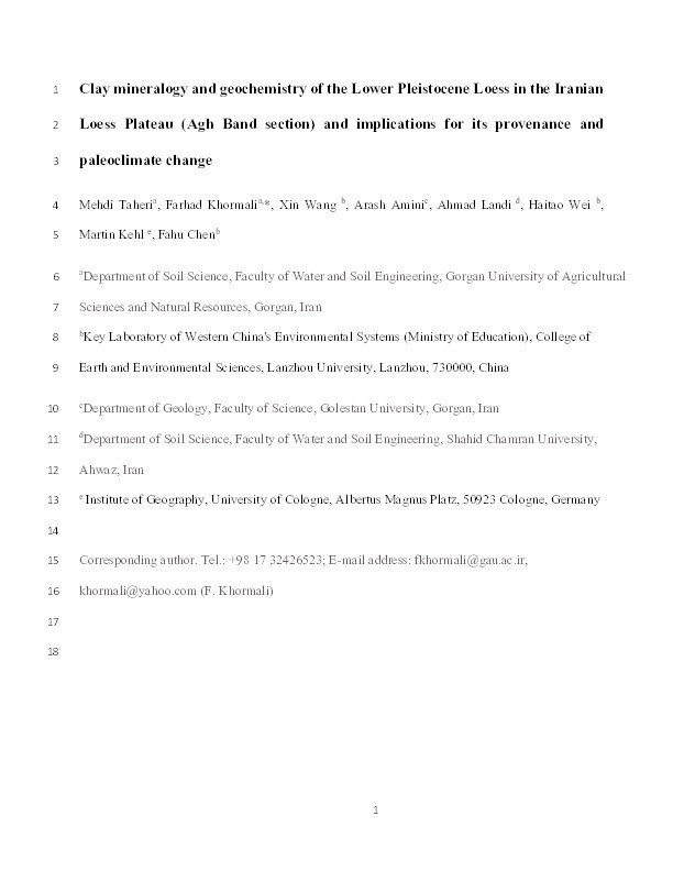 Clay mineralogy and geochemistry of the Lower Pleistocene Loess in the Iranian Loess Plateau (Agh Band section) and implications for its provenance and paleoclimate change Thumbnail