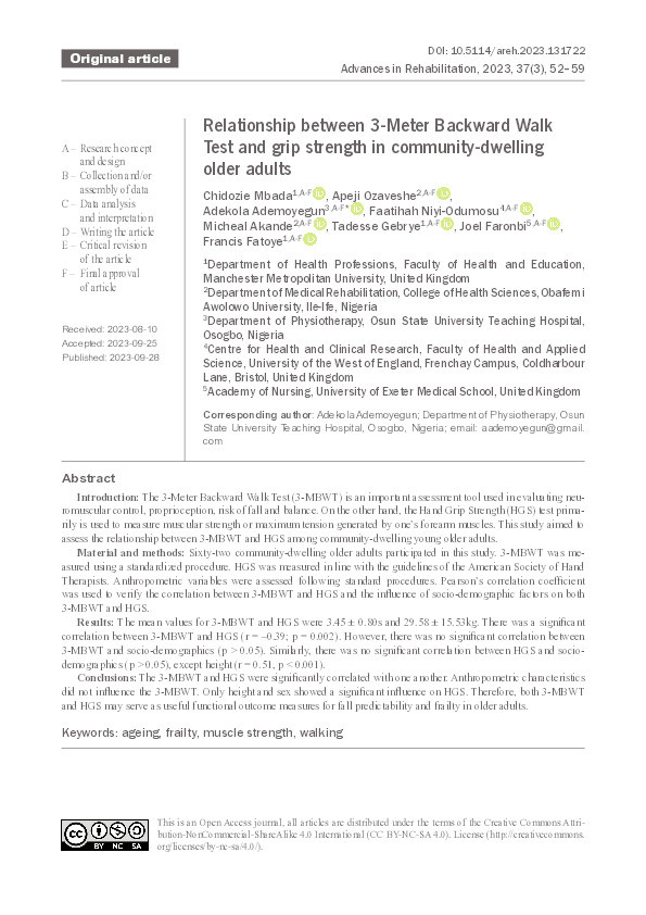 Relationship between 3-meter backward walk test and grip strength in community-dwelling older adults Thumbnail