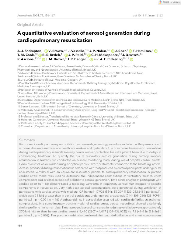 A quantitative evaluation of aerosol generation during cardiopulmonary resuscitation Thumbnail