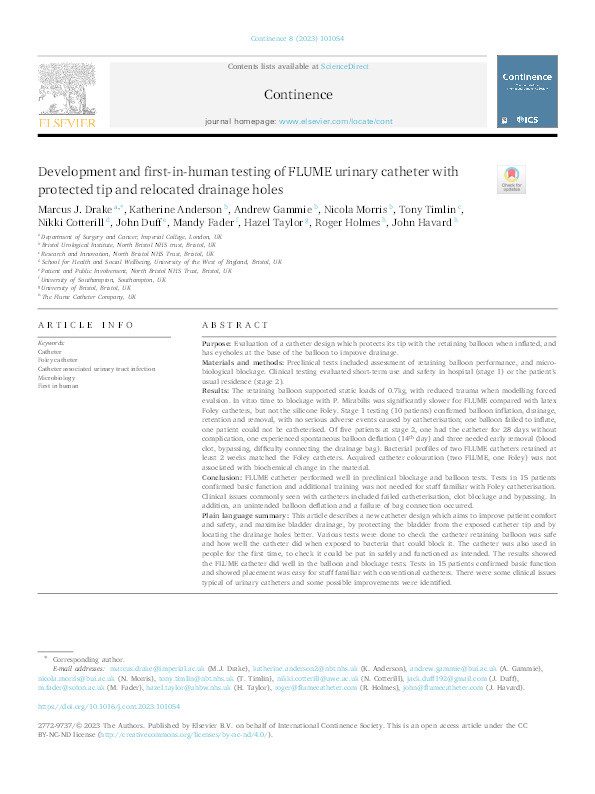 Development and first-in-human testing of FLUME urinary catheter with protected tip and relocated drainage holes Thumbnail