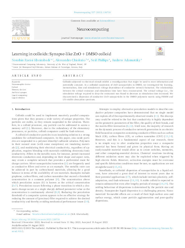 Learning in colloids: Synapse-like ZnO + DMSO colloid Thumbnail