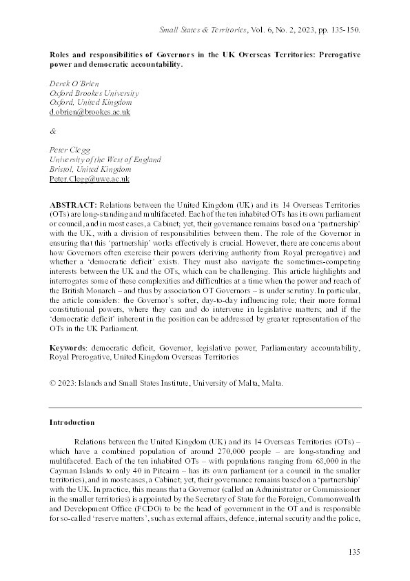 Roles and responsibilities of Governors in the UK Overseas Territories: Prerogative power and democratic accountability Thumbnail