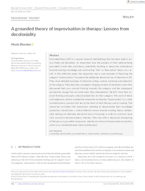 A grounded theory of improvisation in therapy: Lessons from decoloniality Thumbnail