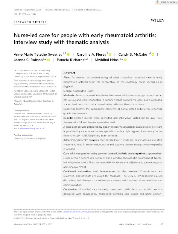 Nurse‐led care for people with early rheumatoid arthritis: Interview study with thematic analysis Thumbnail
