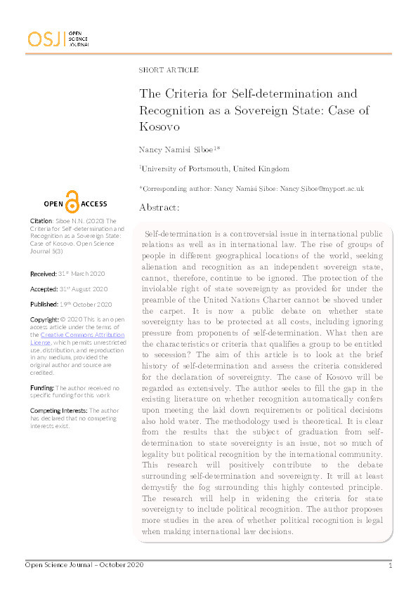 The criteria for self determination and recognition as a sovereign state: Case of Kosovo Thumbnail