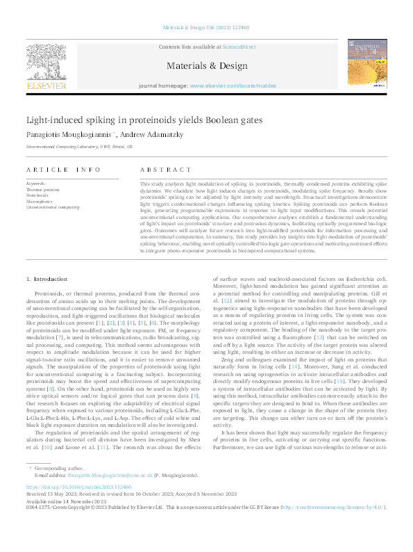 Light-induced spiking in proteinoids yields Boolean gates Thumbnail