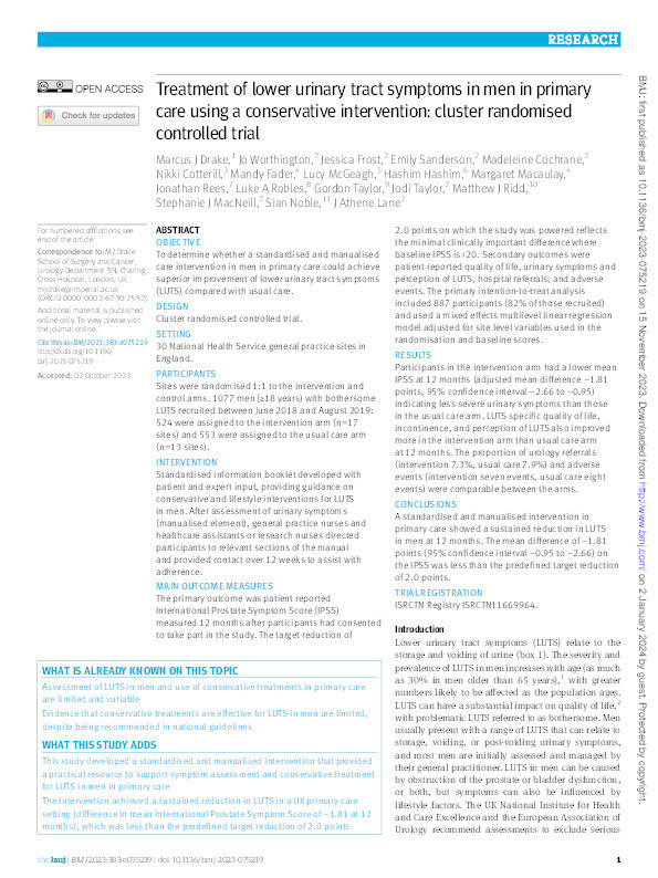 Treatment of lower urinary tract symptoms in men in primary care using a conservative intervention: Cluster randomised controlled trial Thumbnail