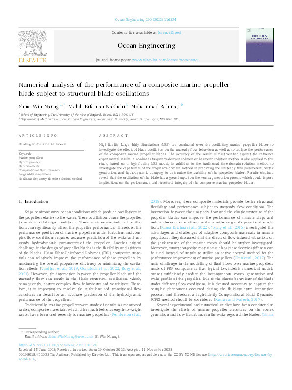 Numerical analysis of the performance of a composite marine propeller blade subject to structural blade oscillations Thumbnail