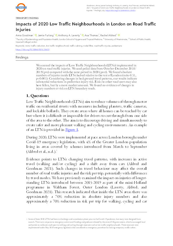 Impacts of 2020 low traffic neighbourhoods in London on road traffic injuries Thumbnail