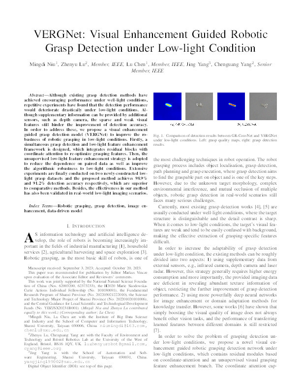 VERGNet: Visual enhancement guided robotic grasp detection under low-light condition Thumbnail